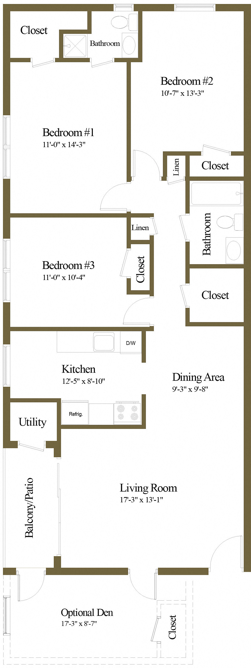 Floor plan for 3 beds, 2 baths, 958 sqft